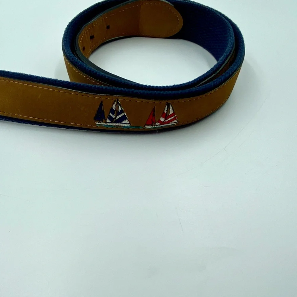 Men's Tan Leather Belt with Embroidered Sailboats